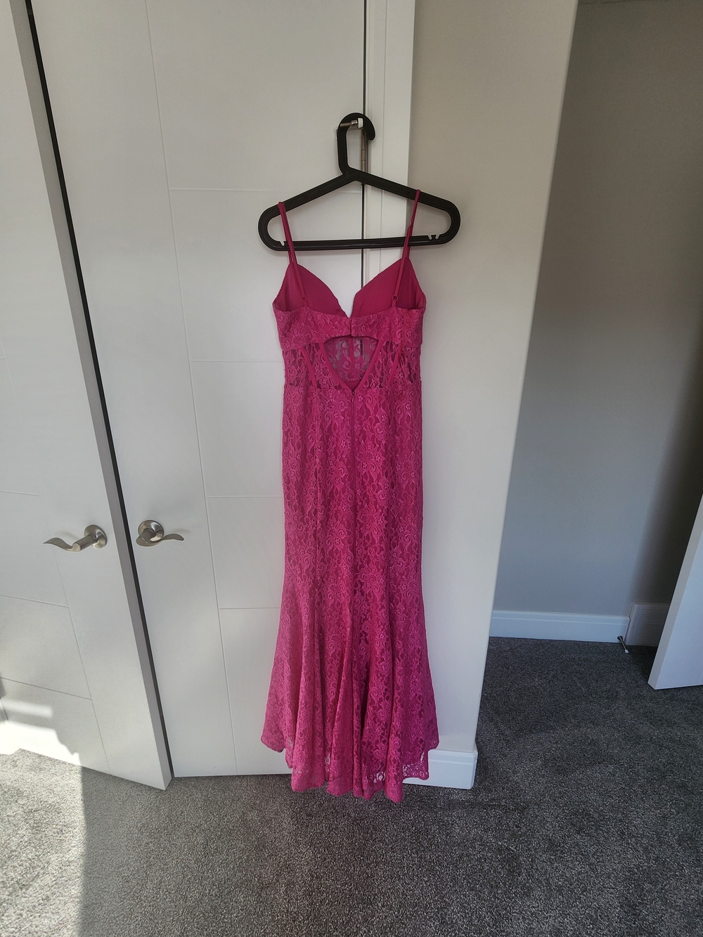 Fuchsia Shimmering Lace Maxi Dress with Spaghetti Straps